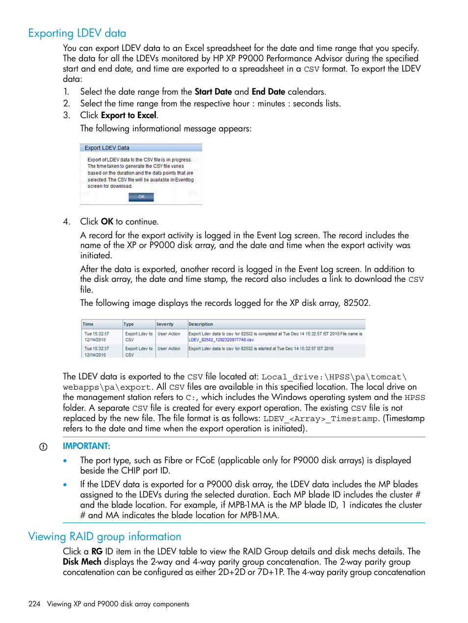 Exporting ldev data, Viewing raid group information, Exporting ldev data viewing raid group information | HP XP Performance Advisor Software User Manual | Page 224 / 416