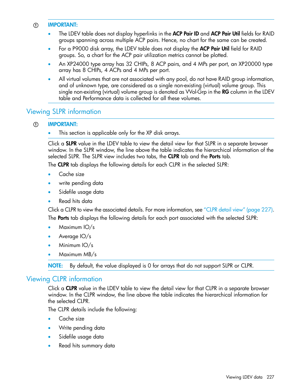 Viewing slpr information, Viewing clpr information, Viewing slpr information viewing clpr information | Slpr | HP XP Performance Advisor Software User Manual | Page 227 / 416