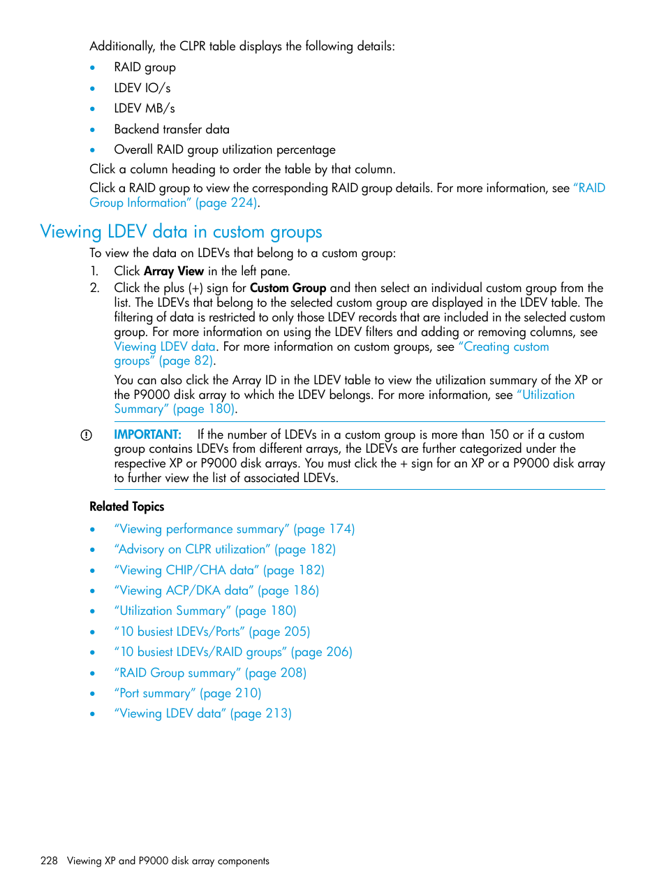 Viewing ldev data in custom groups, Viewing ldev data in | HP XP Performance Advisor Software User Manual | Page 228 / 416