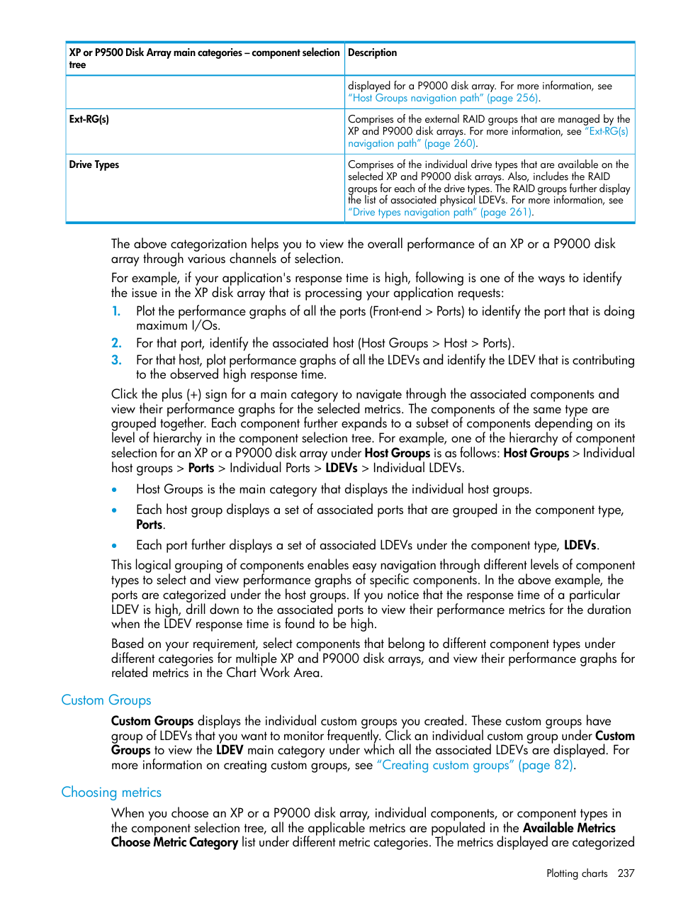 Custom groups, Choosing metrics, Custom groups choosing metrics | HP XP Performance Advisor Software User Manual | Page 237 / 416