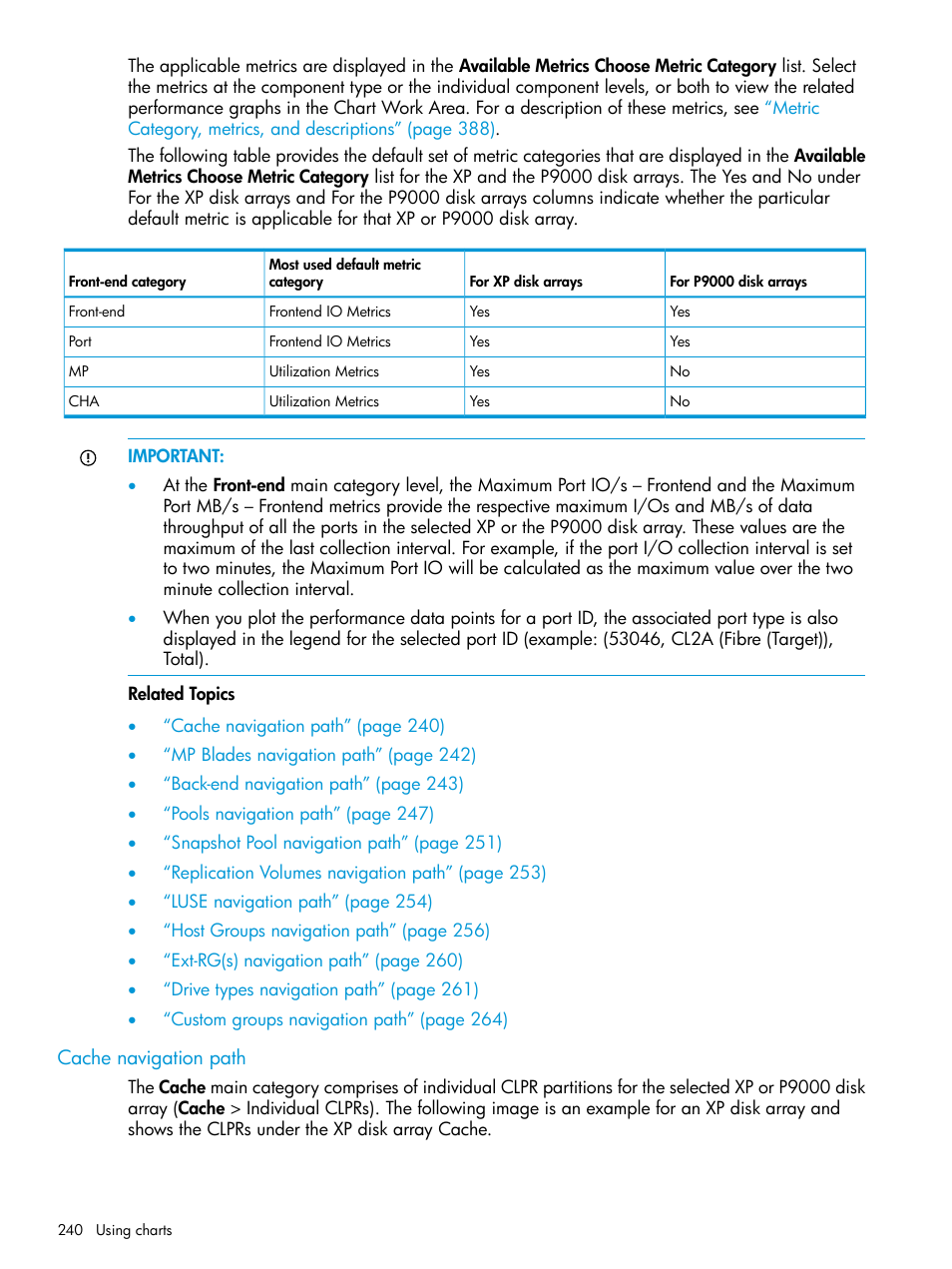 Cache navigation path, Cache | HP XP Performance Advisor Software User Manual | Page 240 / 416