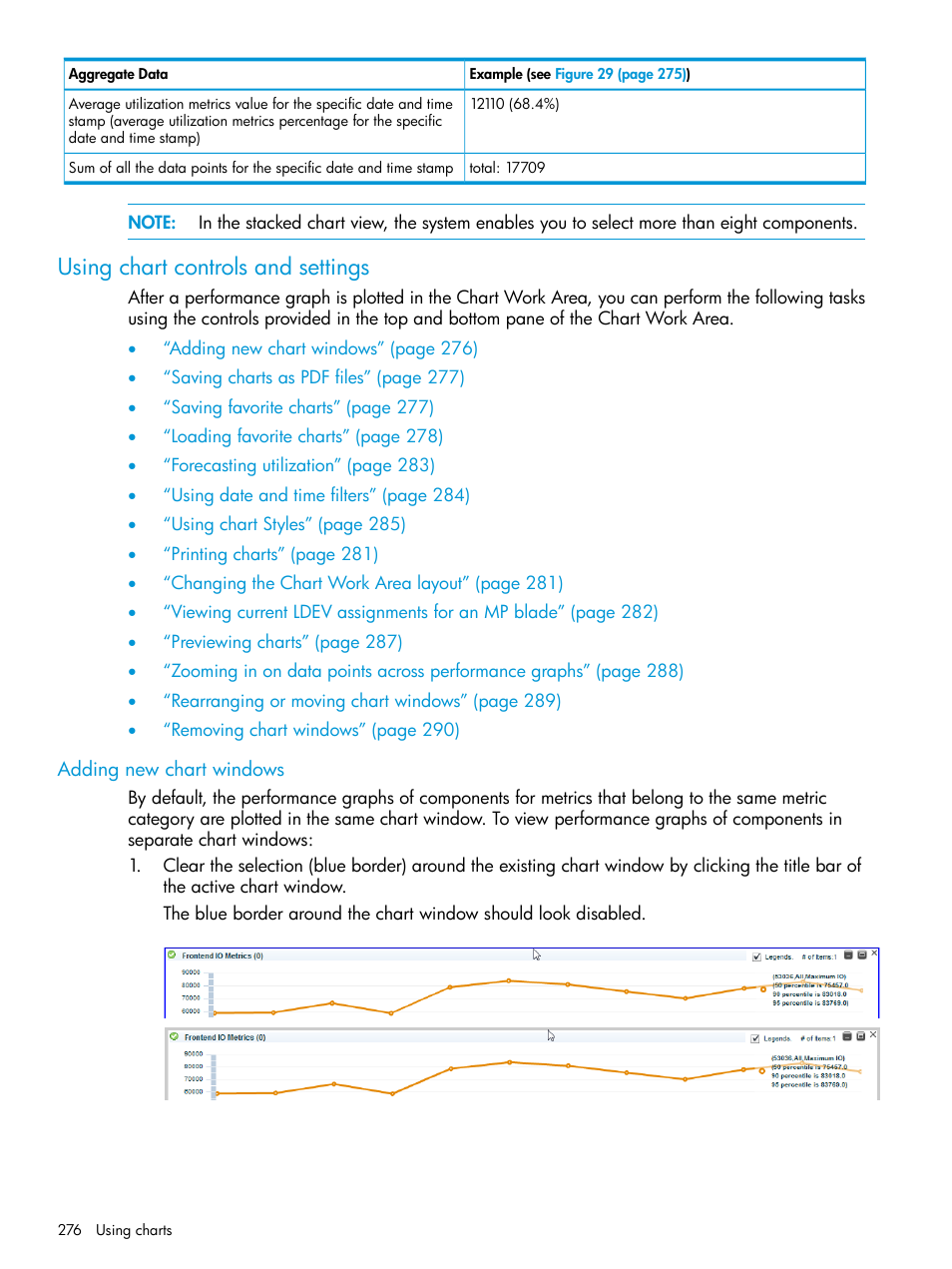 Using chart controls and settings, Adding new chart windows, Using chart | HP XP Performance Advisor Software User Manual | Page 276 / 416