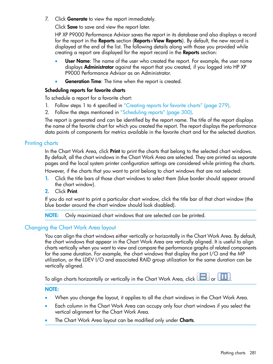 Printing charts, Changing the chart work area layout | HP XP Performance Advisor Software User Manual | Page 281 / 416