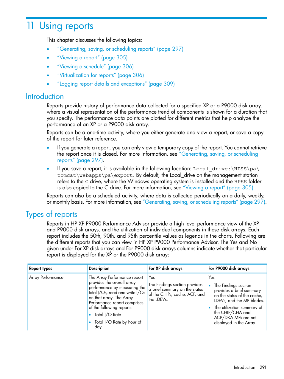 11 using reports, Introduction, Types of reports | Introduction types of reports | HP XP Performance Advisor Software User Manual | Page 291 / 416