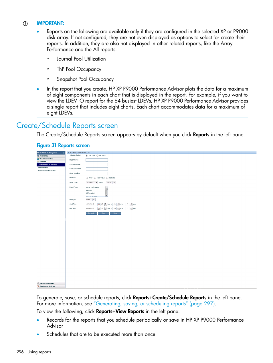 Create/schedule reports screen | HP XP Performance Advisor Software User Manual | Page 296 / 416