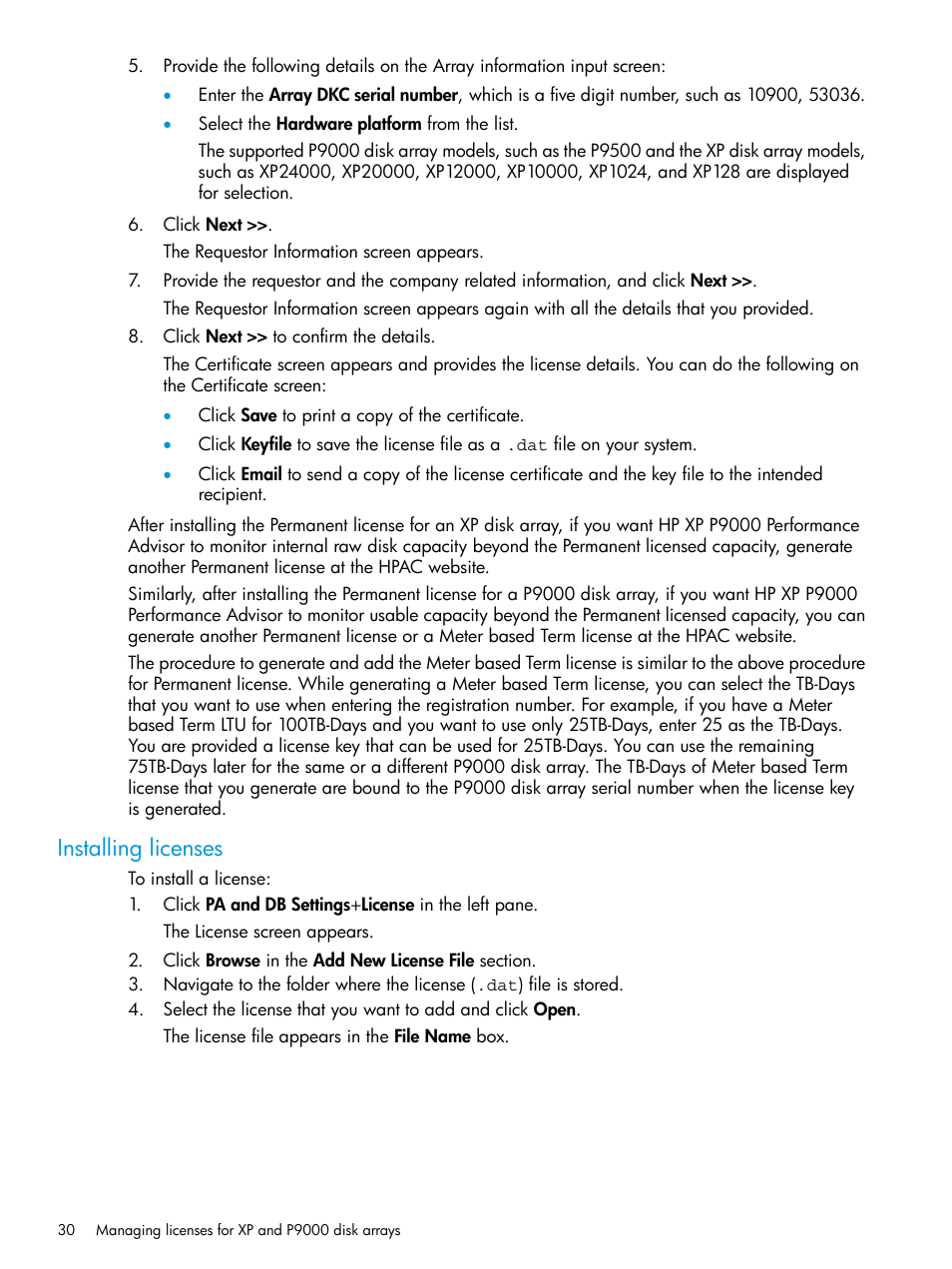 Installing licenses | HP XP Performance Advisor Software User Manual | Page 30 / 416