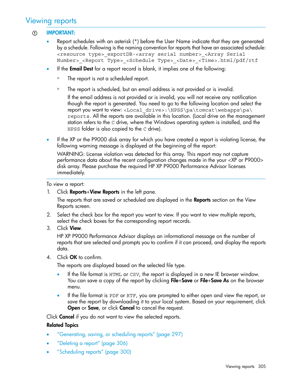 Viewing reports | HP XP Performance Advisor Software User Manual | Page 305 / 416