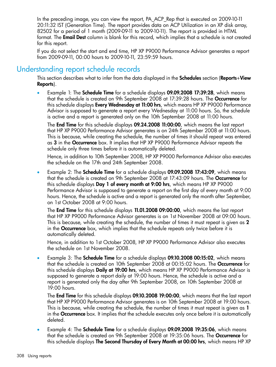 Understanding report schedule records | HP XP Performance Advisor Software User Manual | Page 308 / 416