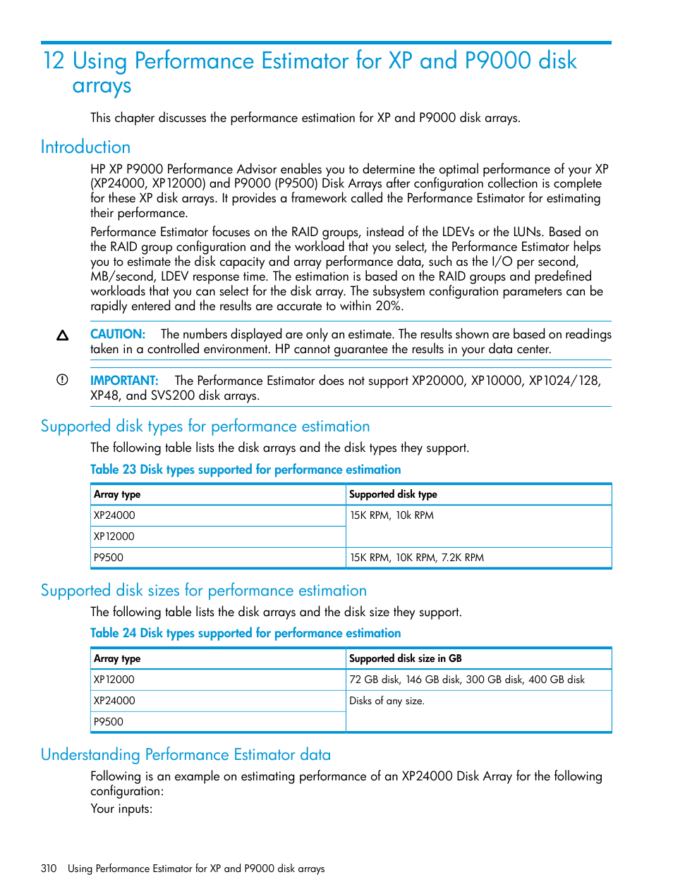 Introduction, Supported disk types for performance estimation, Supported disk sizes for performance estimation | Understanding performance estimator data | HP XP Performance Advisor Software User Manual | Page 310 / 416