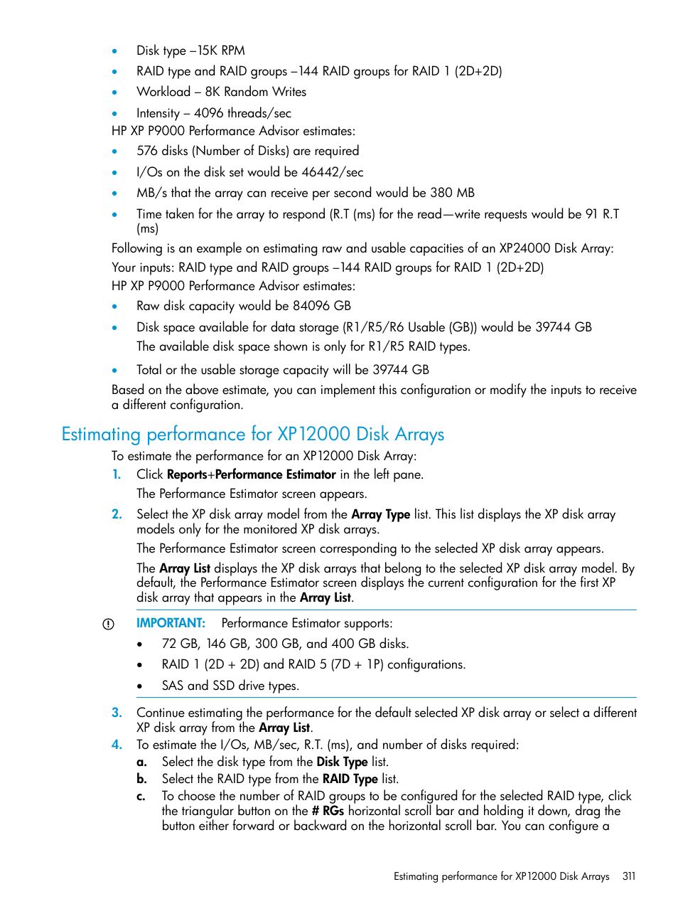 Estimating performance for xp12000 disk arrays | HP XP Performance Advisor Software User Manual | Page 311 / 416