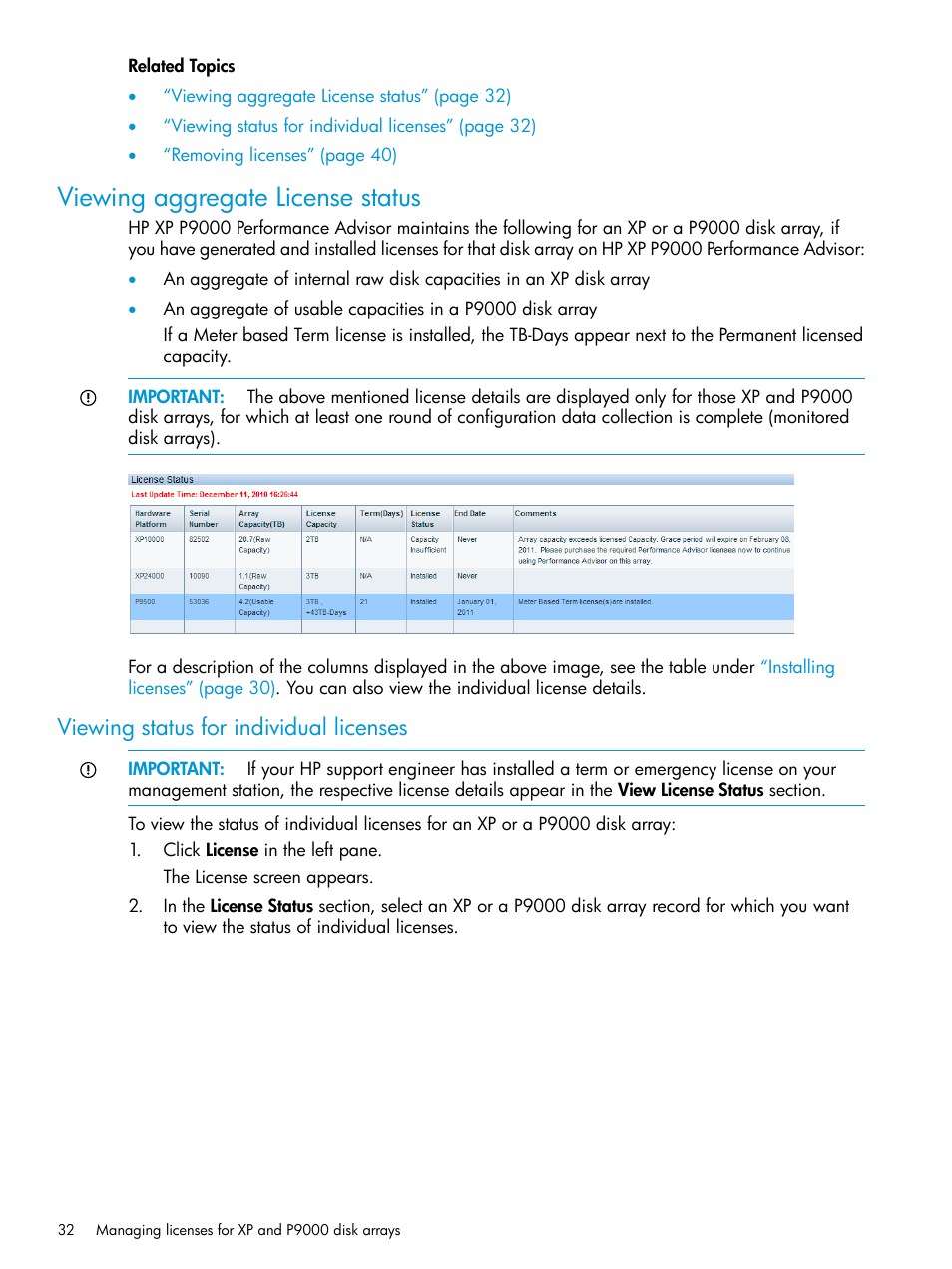 Viewing aggregate license status, Viewing status for individual licenses | HP XP Performance Advisor Software User Manual | Page 32 / 416