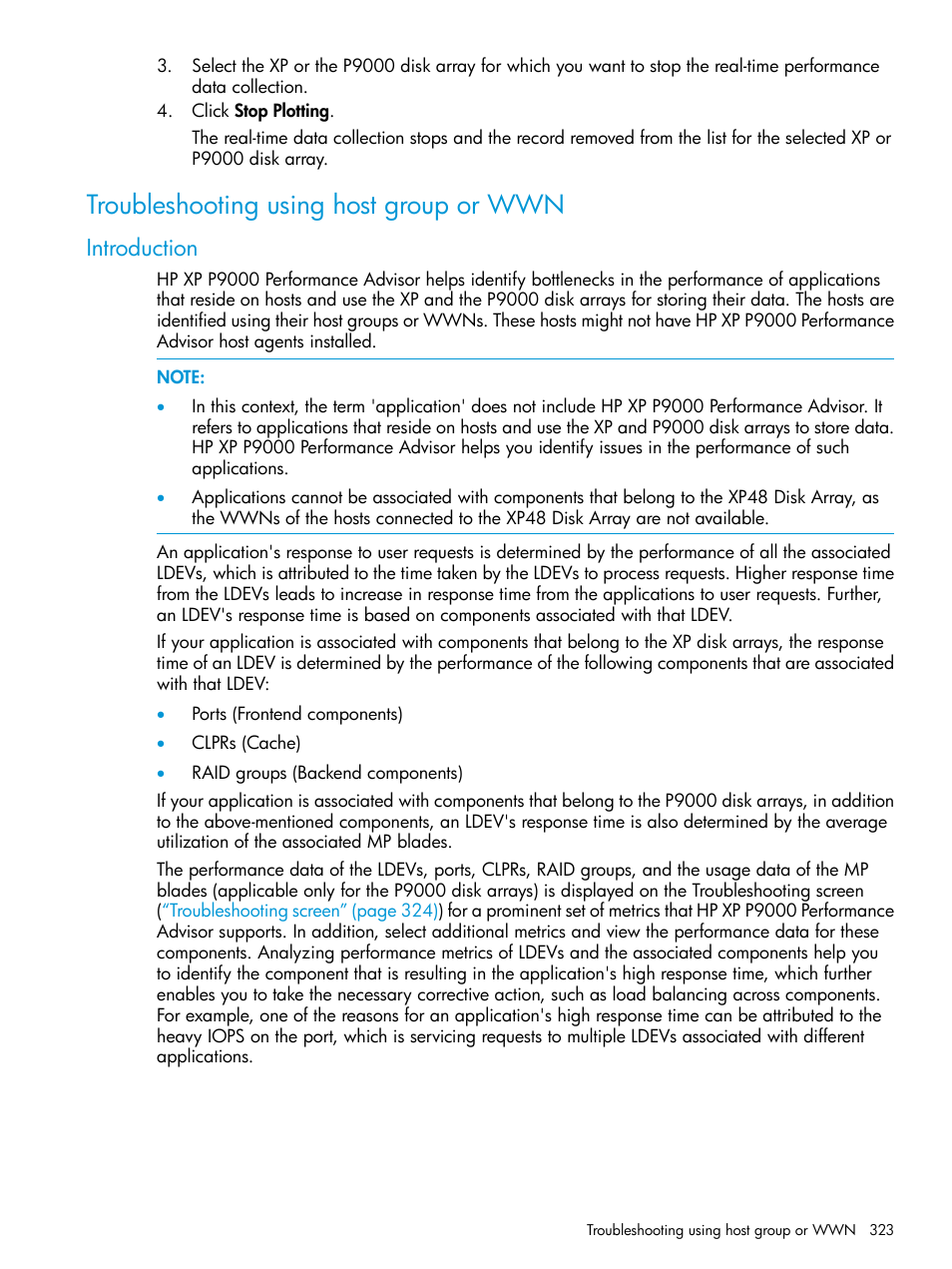 Troubleshooting using host group or wwn, Introduction | HP XP Performance Advisor Software User Manual | Page 323 / 416