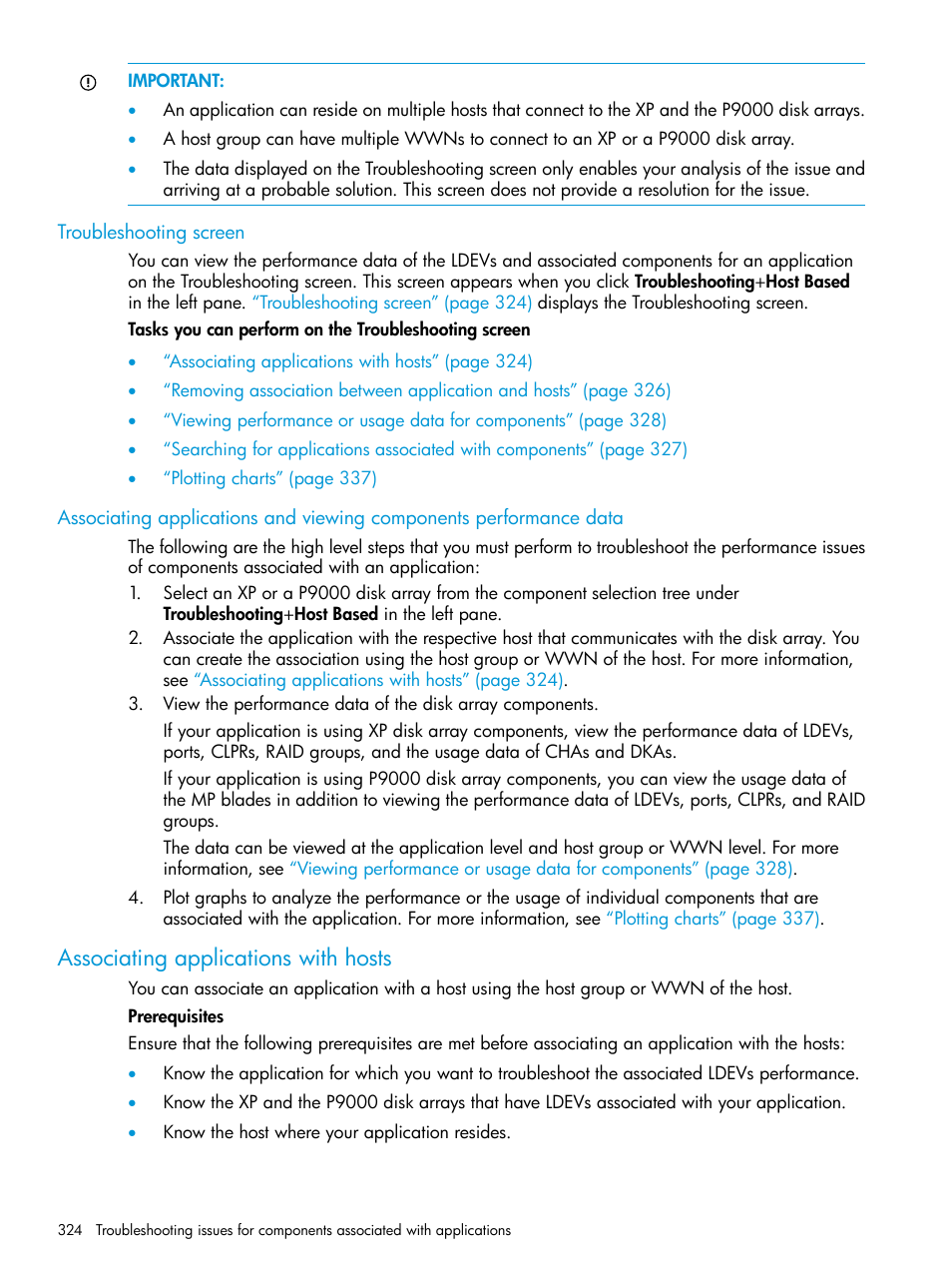 Troubleshooting screen, Associating applications with hosts | HP XP Performance Advisor Software User Manual | Page 324 / 416