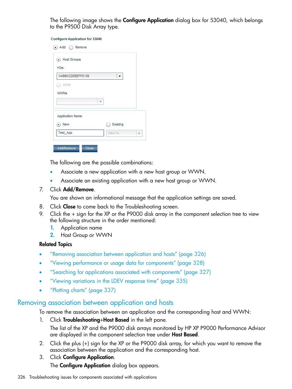 Removing association between application and hosts | HP XP Performance Advisor Software User Manual | Page 326 / 416