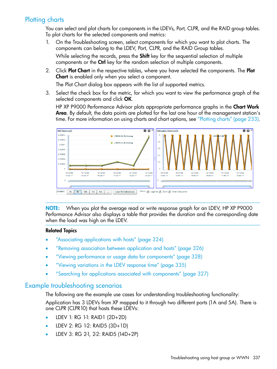 Plotting charts, Example troubleshooting scenarios, Plotting charts example troubleshooting scenarios | HP XP Performance Advisor Software User Manual | Page 337 / 416