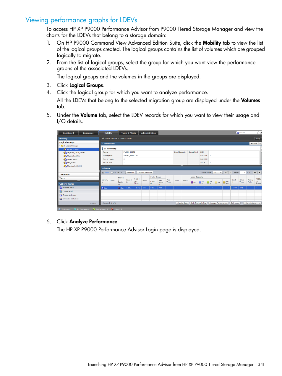 Viewing performance graphs for ldevs | HP XP Performance Advisor Software User Manual | Page 341 / 416