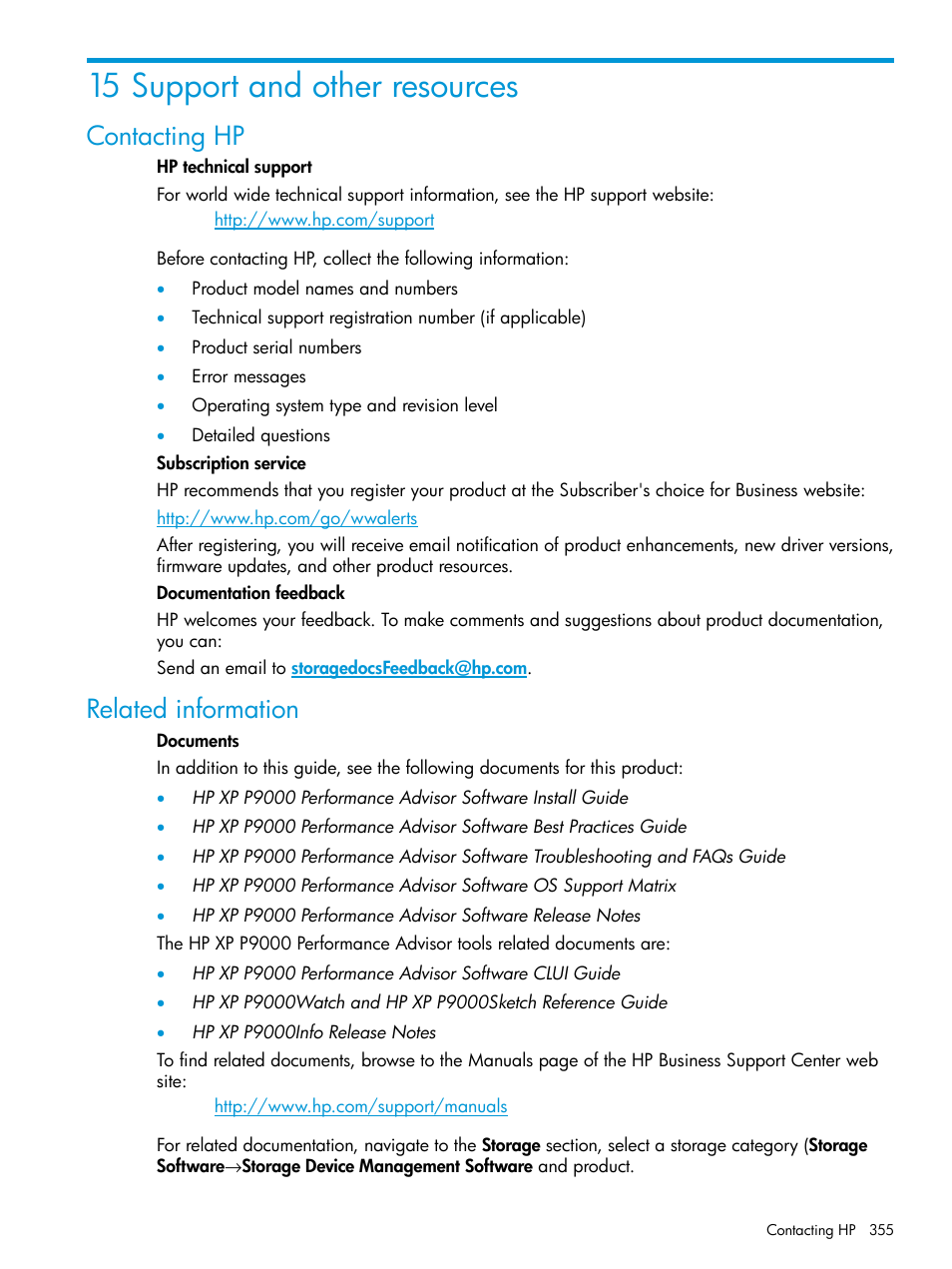 15 support and other resources, Contacting hp, Related information | Contacting hp related information | HP XP Performance Advisor Software User Manual | Page 355 / 416