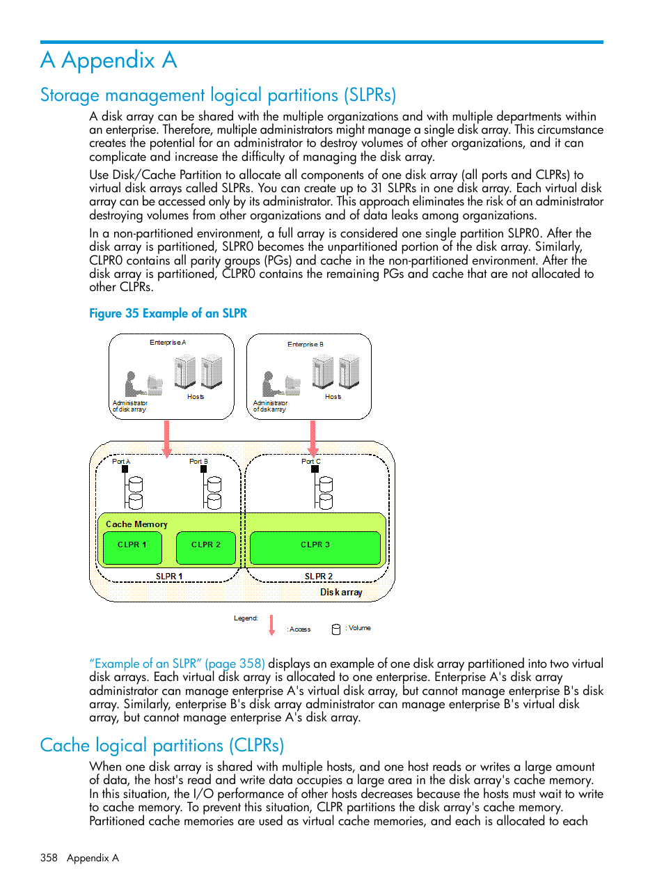 A appendix a, Storage management logical partitions (slprs), Cache logical partitions (clprs) | HP XP Performance Advisor Software User Manual | Page 358 / 416