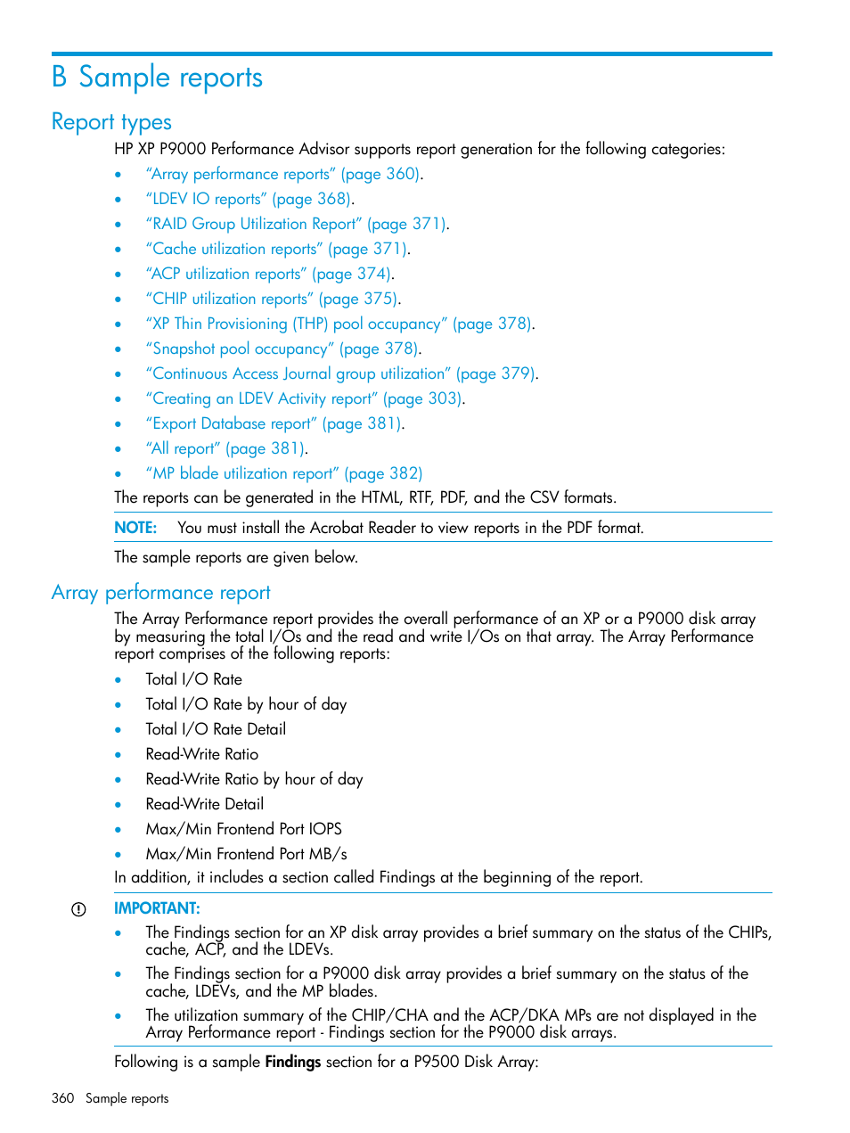 B sample reports, Report types, Array performance report | HP XP Performance Advisor Software User Manual | Page 360 / 416