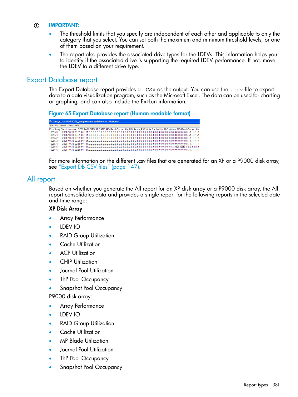 Export database report, All report, Export database report all report | HP XP Performance Advisor Software User Manual | Page 381 / 416