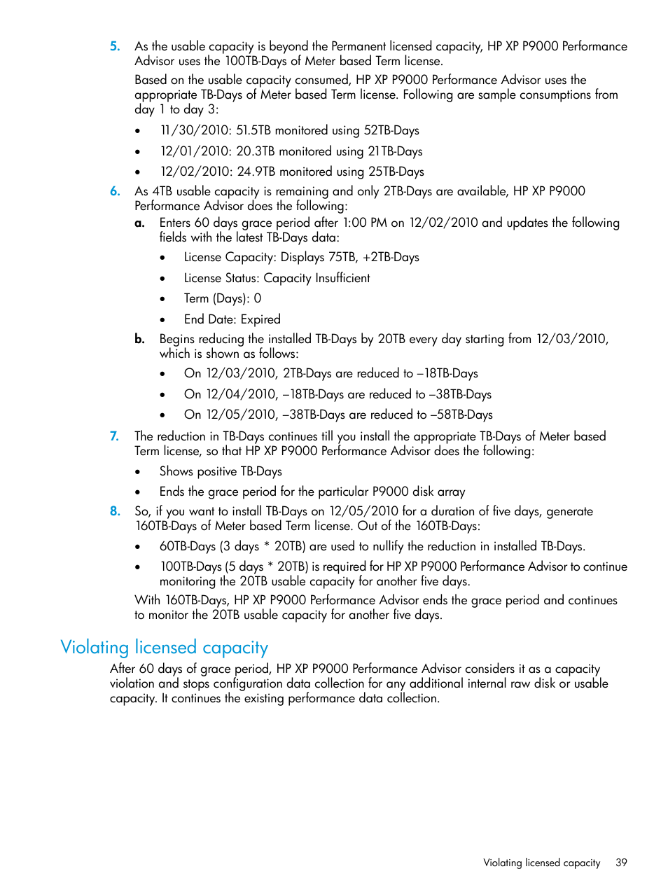 Violating licensed capacity | HP XP Performance Advisor Software User Manual | Page 39 / 416