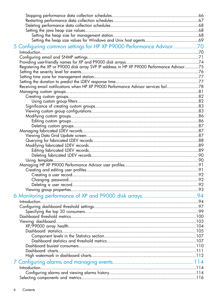 7 configuring alarms and managing events | HP XP Performance Advisor Software User Manual | Page 4 / 416