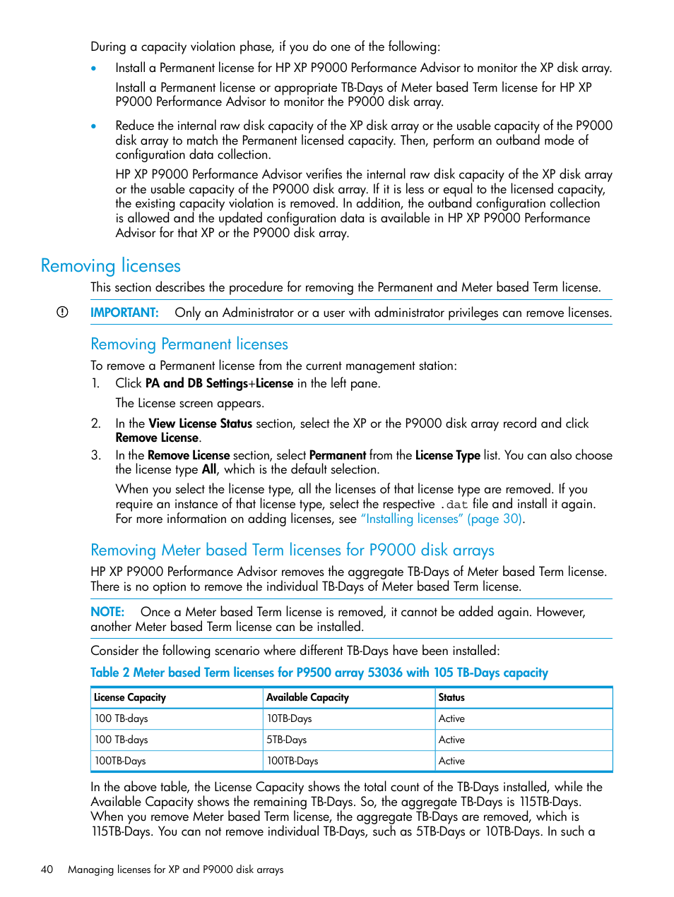 Removing licenses, Removing permanent licenses | HP XP Performance Advisor Software User Manual | Page 40 / 416