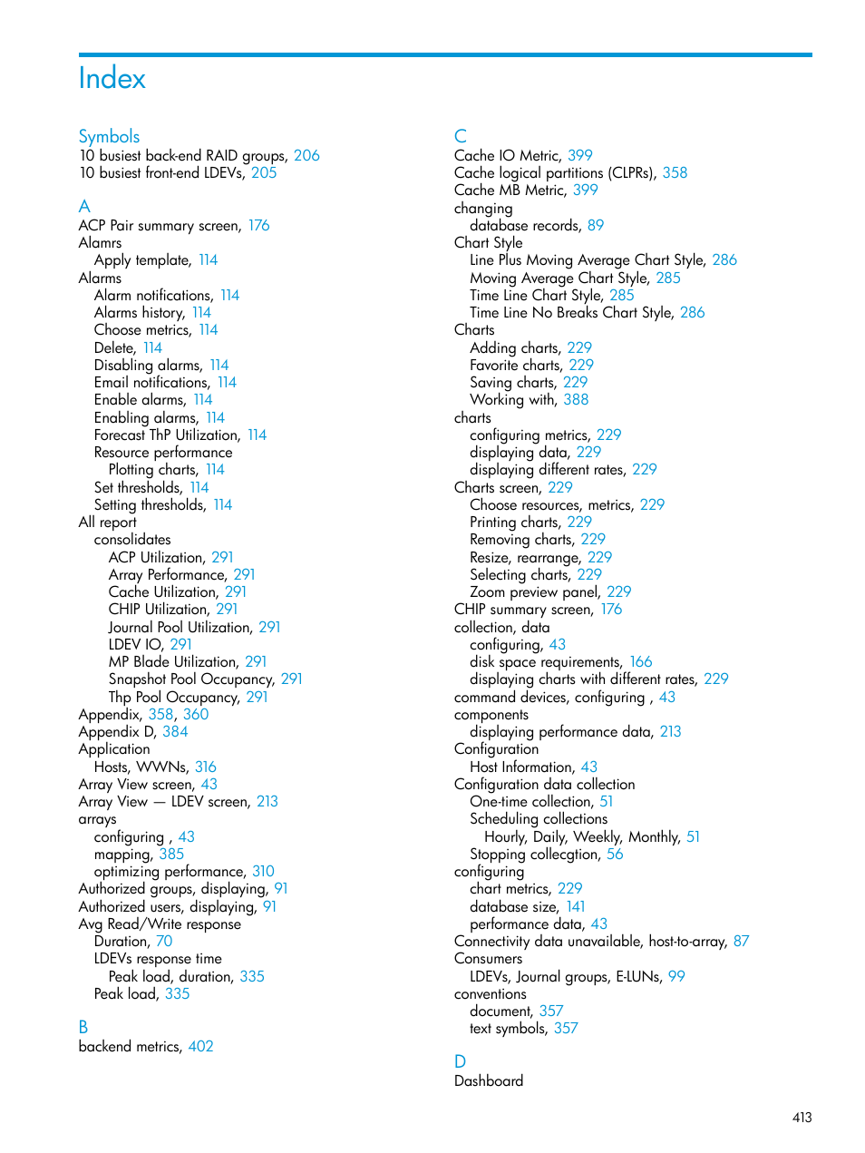 Index | HP XP Performance Advisor Software User Manual | Page 413 / 416