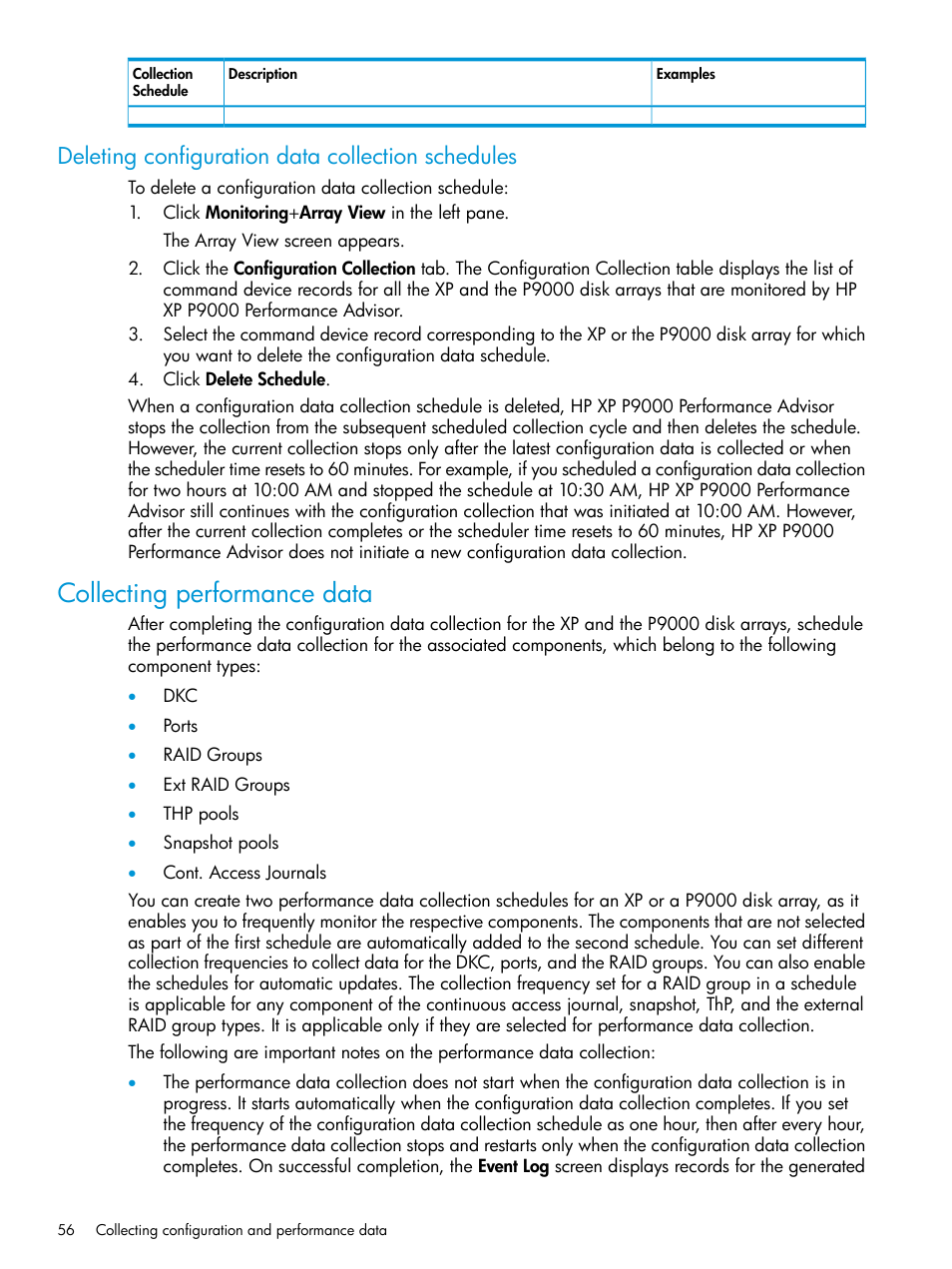 Deleting configuration data collection schedules, Collecting performance data | HP XP Performance Advisor Software User Manual | Page 56 / 416