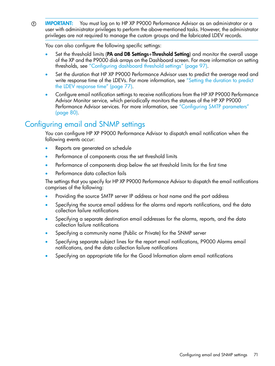 Configuring email and snmp settings | HP XP Performance Advisor Software User Manual | Page 71 / 416