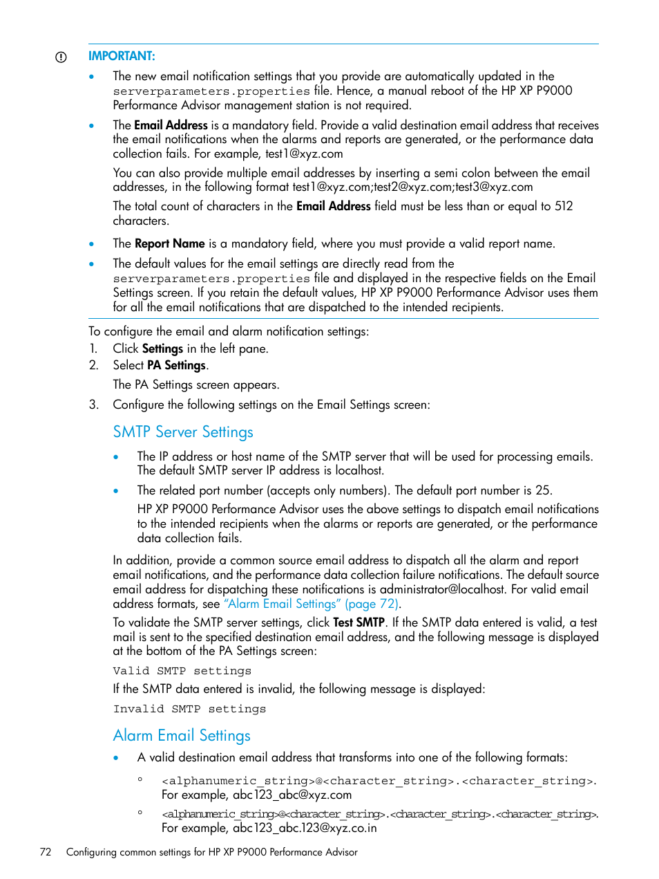 Smtp server settings, Alarm email settings | HP XP Performance Advisor Software User Manual | Page 72 / 416