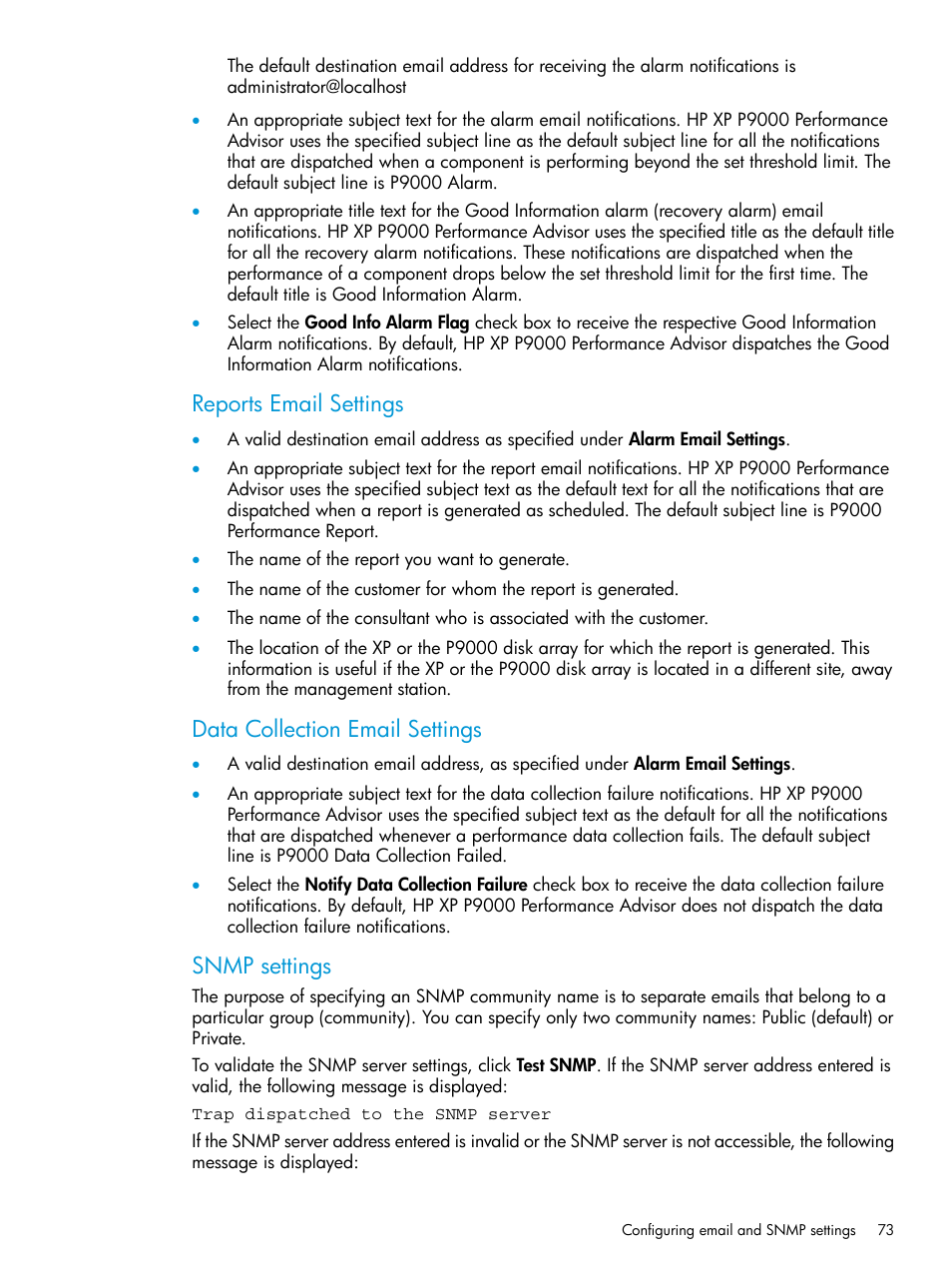 Reports email settings, Data collection email settings, Snmp settings | HP XP Performance Advisor Software User Manual | Page 73 / 416