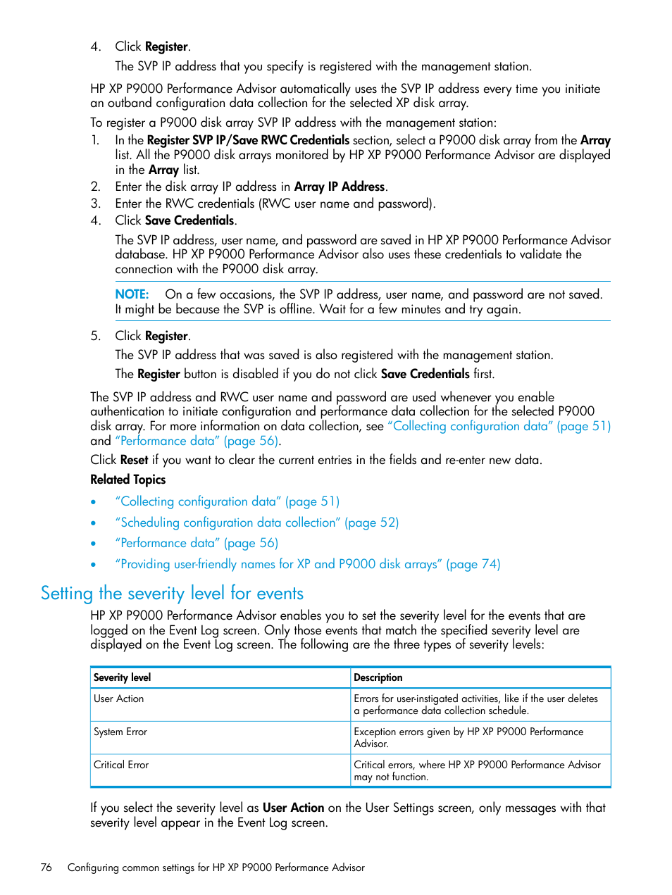 Setting the severity level for events | HP XP Performance Advisor Software User Manual | Page 76 / 416