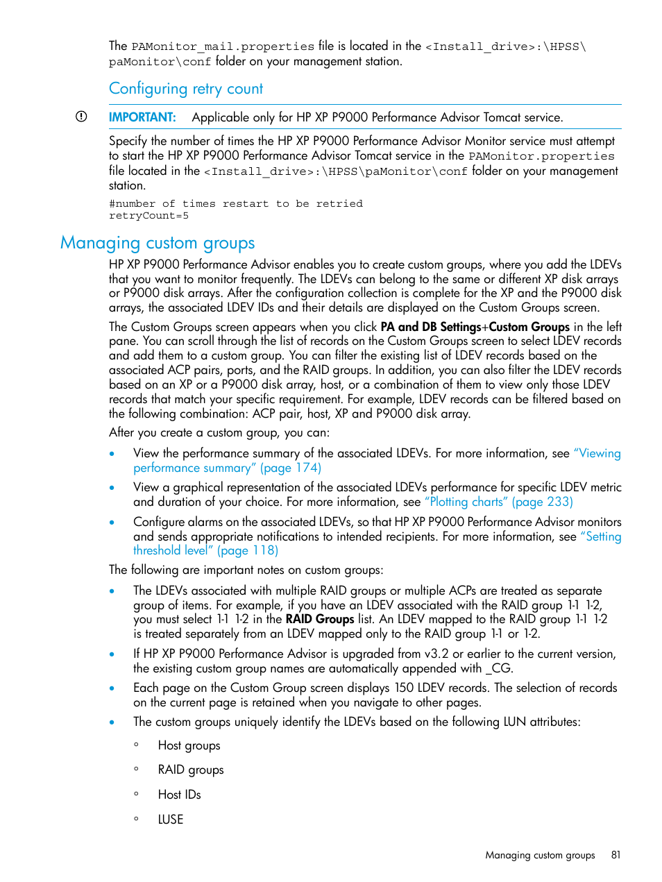 Managing custom groups, Configuring retry count | HP XP Performance Advisor Software User Manual | Page 81 / 416
