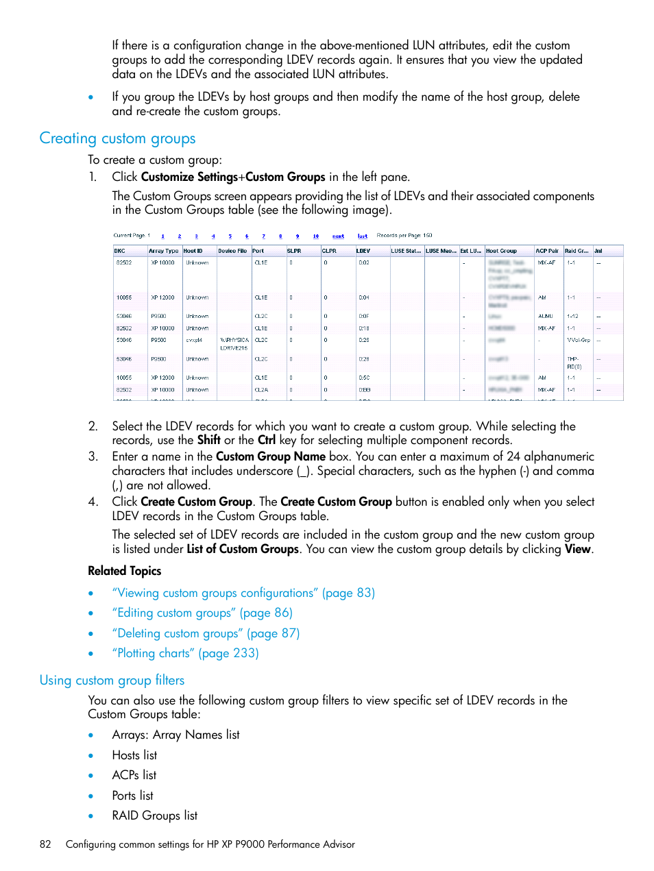 Creating custom groups, Using custom group filters | HP XP Performance Advisor Software User Manual | Page 82 / 416