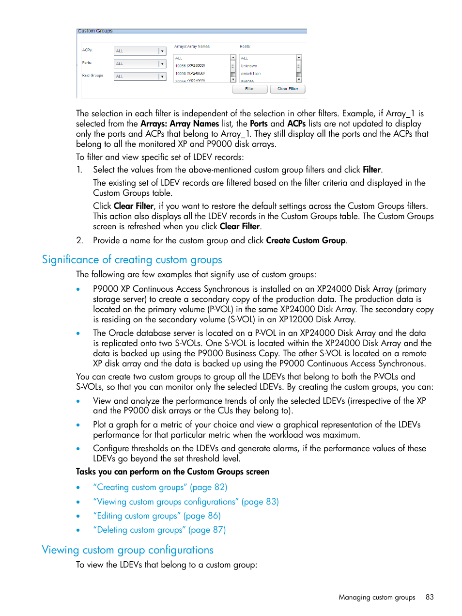 Significance of creating custom groups, Viewing custom group configurations | HP XP Performance Advisor Software User Manual | Page 83 / 416