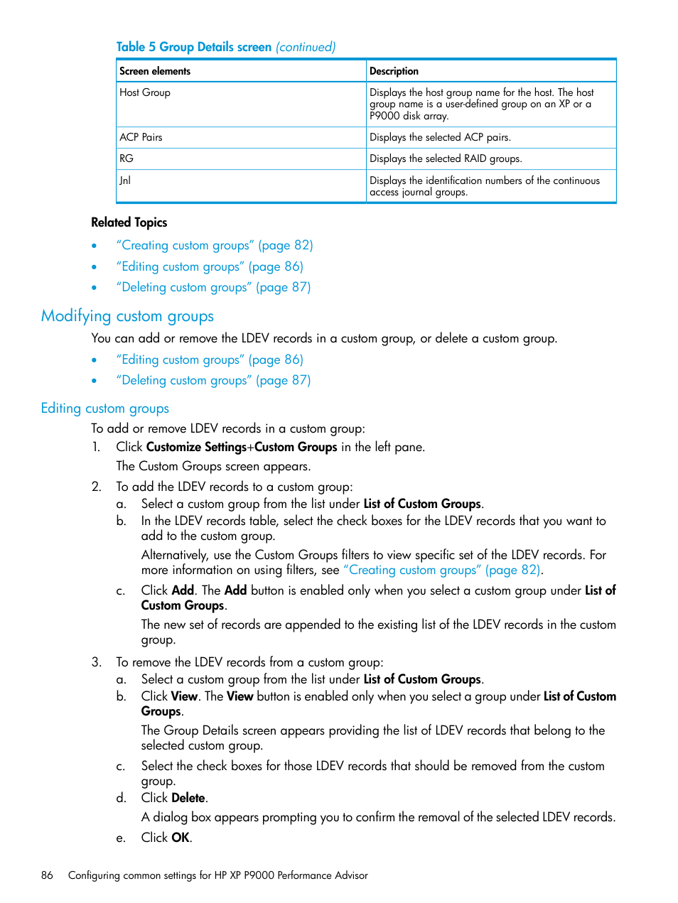 Modifying custom groups, Editing custom groups | HP XP Performance Advisor Software User Manual | Page 86 / 416