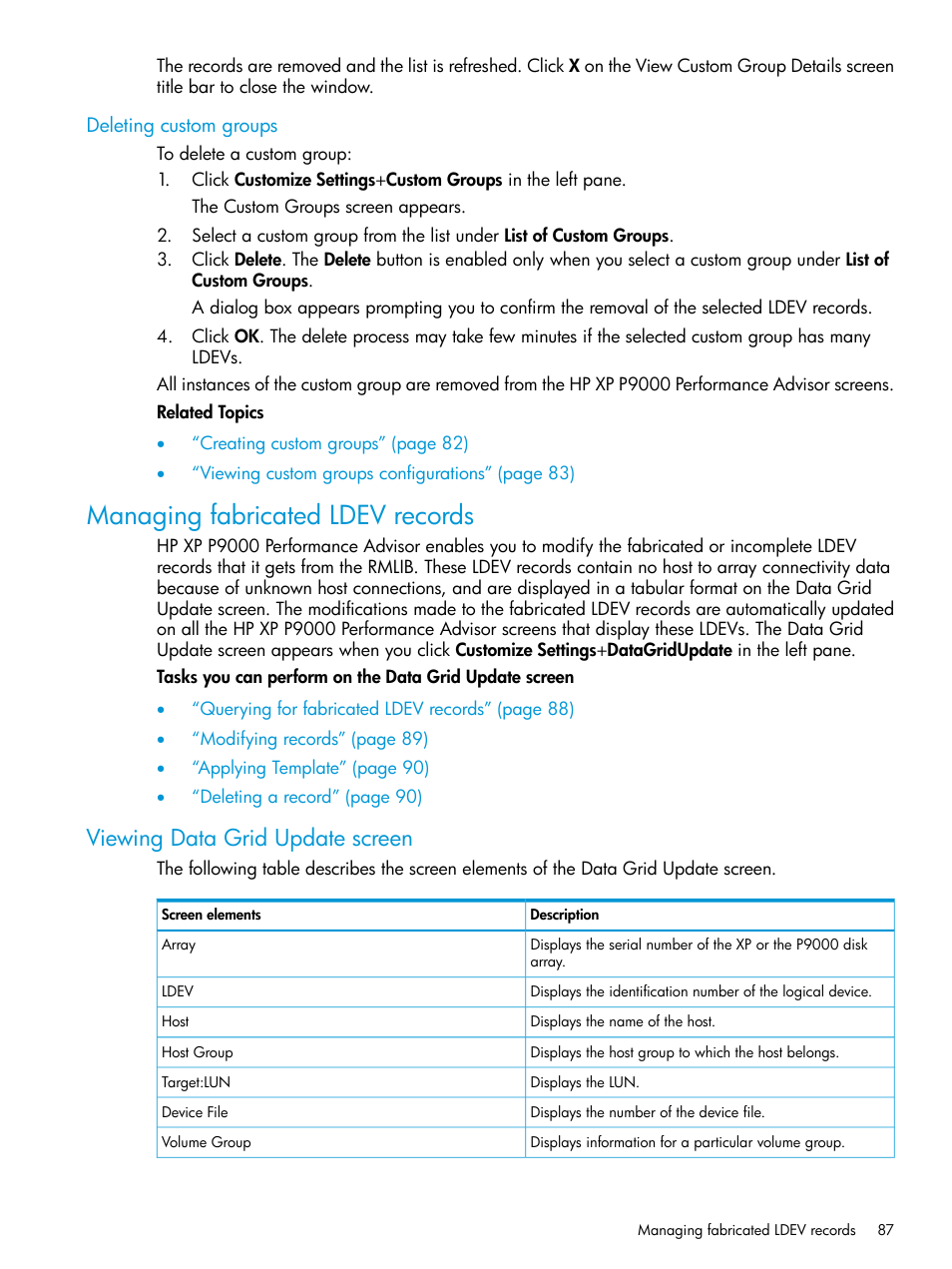 Deleting custom groups, Managing fabricated ldev records, Viewing data grid update screen | HP XP Performance Advisor Software User Manual | Page 87 / 416