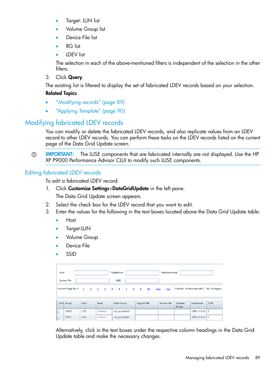 Modifying fabricated ldev records, Editing fabricated ldev records | HP XP Performance Advisor Software User Manual | Page 89 / 416