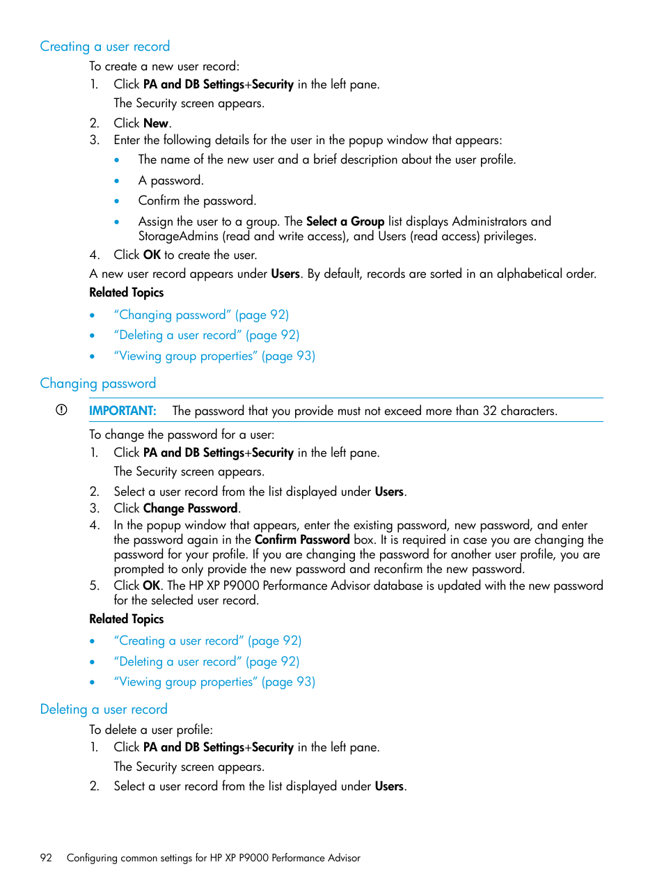 Creating a user record, Changing password, Deleting a user record | HP XP Performance Advisor Software User Manual | Page 92 / 416