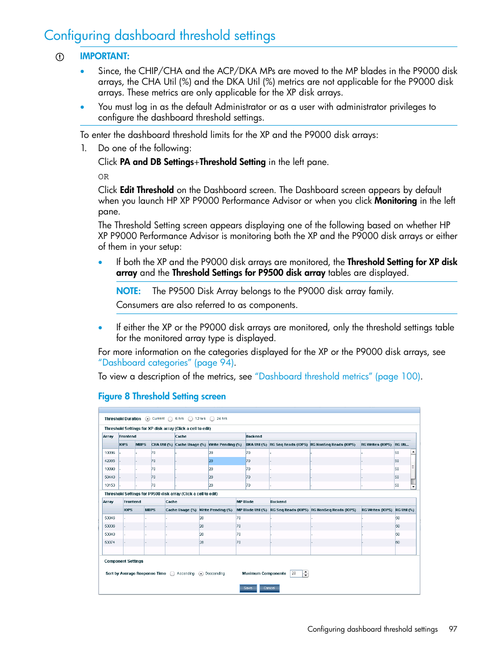 Configuring dashboard threshold settings, Configuring | HP XP Performance Advisor Software User Manual | Page 97 / 416