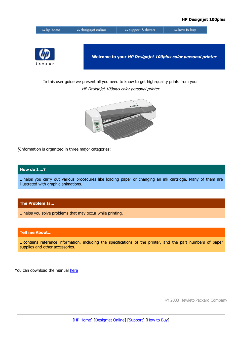 HP Designjet 100plus Printer series User Manual | 1 page