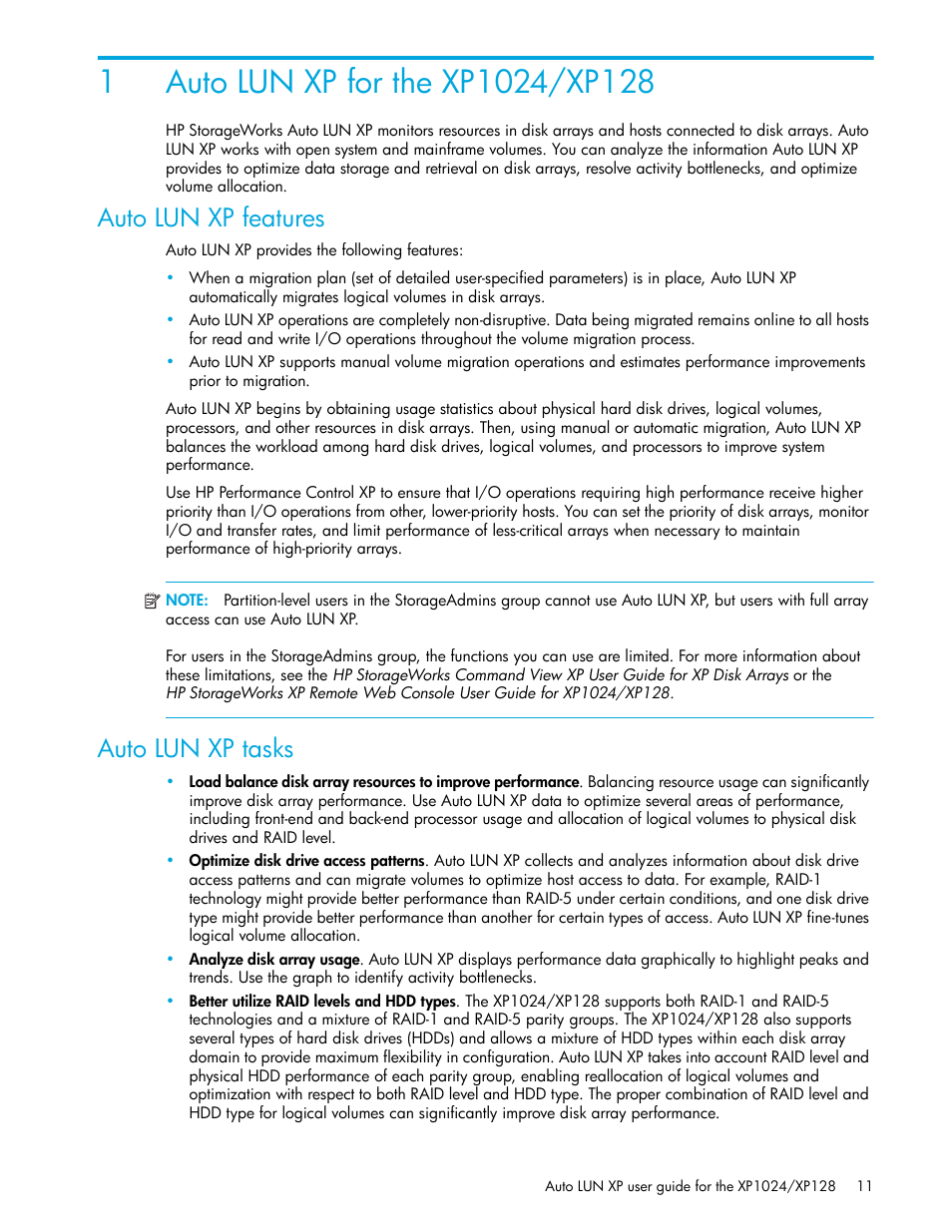 Auto lun xp features, Auto lun xp tasks | HP XP Auto LUN Software User Manual | Page 11 / 56