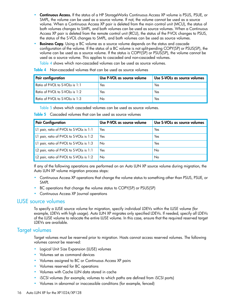 Luse source volumes, Target volumes | HP XP Auto LUN Software User Manual | Page 16 / 56