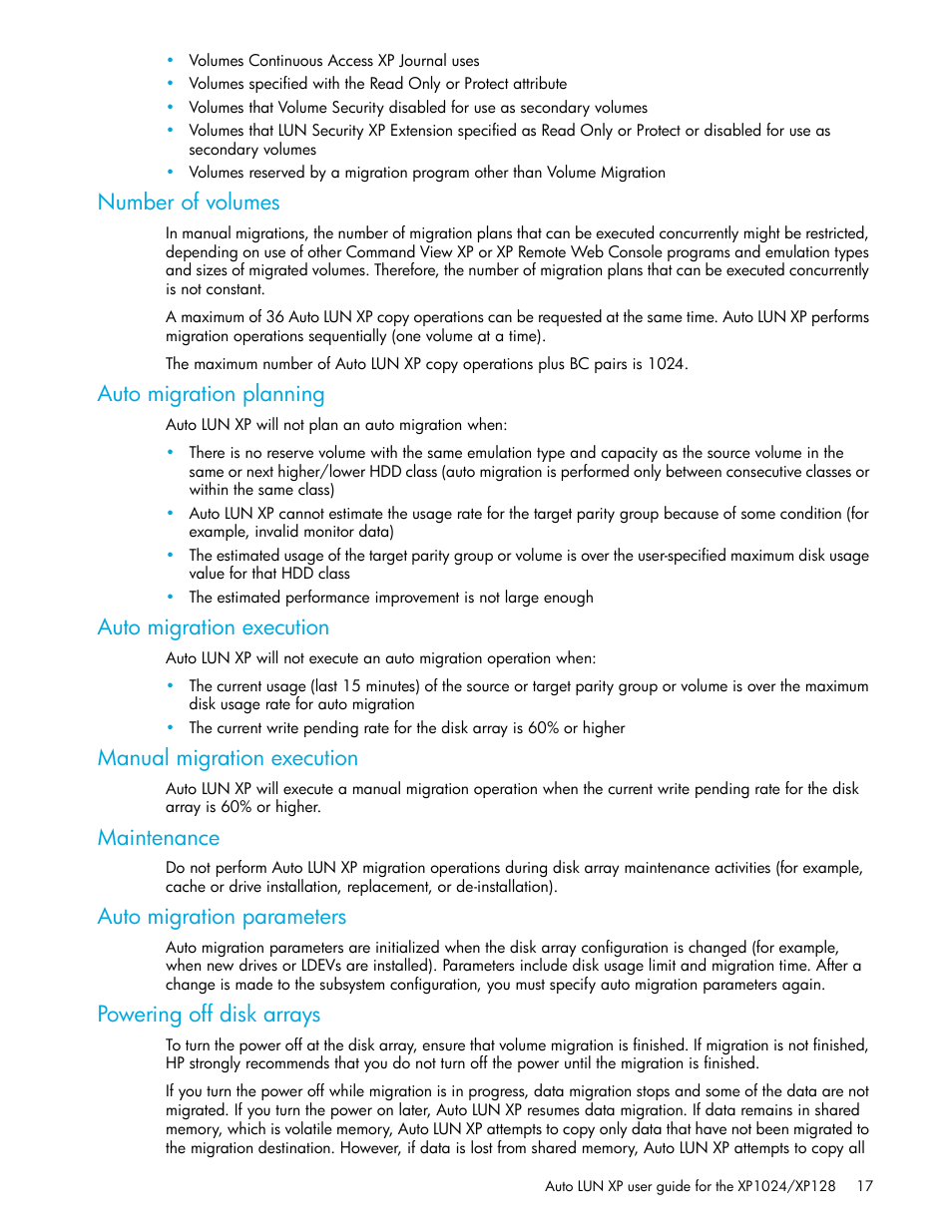 Number of volumes, Auto migration planning, Auto migration execution | Manual migration execution, Maintenance, Auto migration parameters, Powering off disk arrays | HP XP Auto LUN Software User Manual | Page 17 / 56