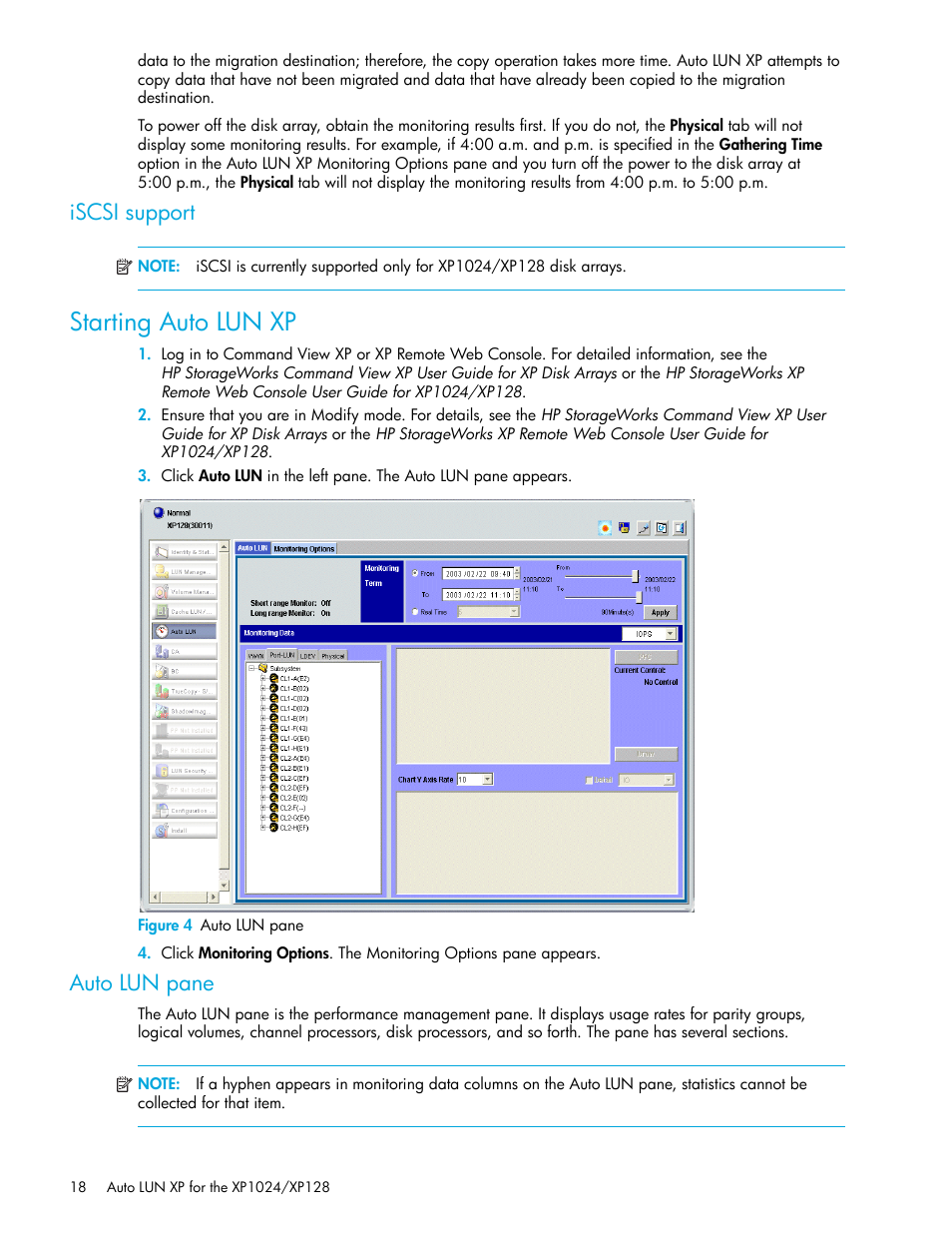 Starting auto lun xp, Iscsi support, Auto lun pane | HP XP Auto LUN Software User Manual | Page 18 / 56