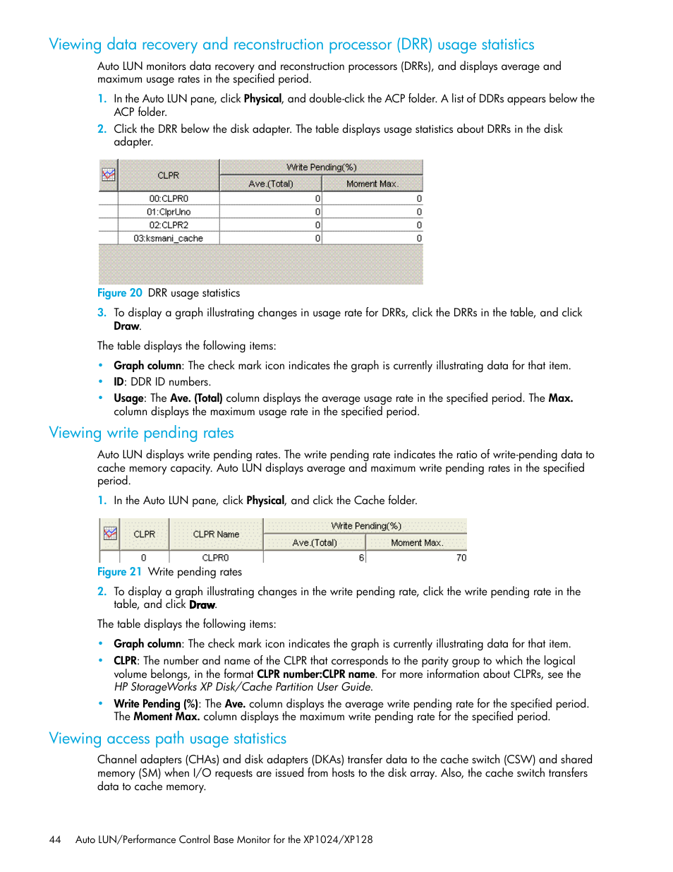 Viewing write pending rates, Viewing access path usage statistics | HP XP Auto LUN Software User Manual | Page 44 / 56