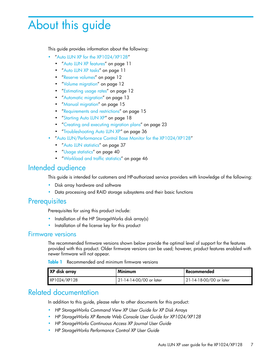 About this guide, Intended audience, Prerequisites | Related documentation, Firmware versions | HP XP Auto LUN Software User Manual | Page 7 / 56