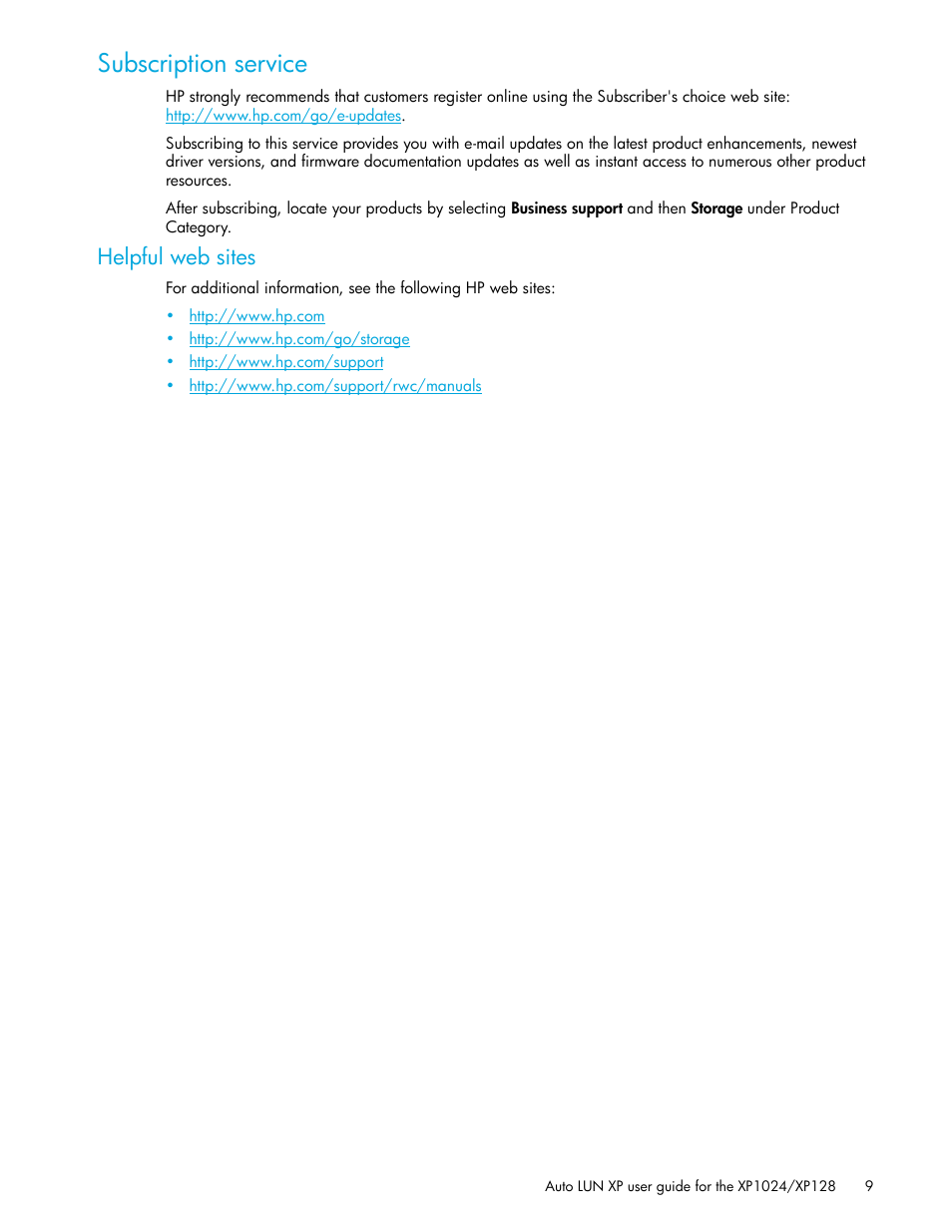 Subscription service, Helpful web sites | HP XP Auto LUN Software User Manual | Page 9 / 56