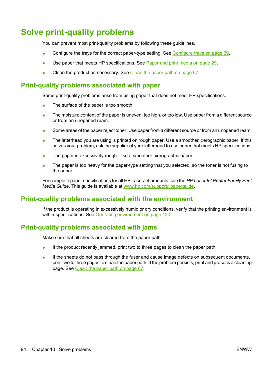 Solve print-quality problems, Print-quality problems associated with paper, Print-quality problems associated with jams | HP LaserJet P2035 User Manual | Page 104 / 148